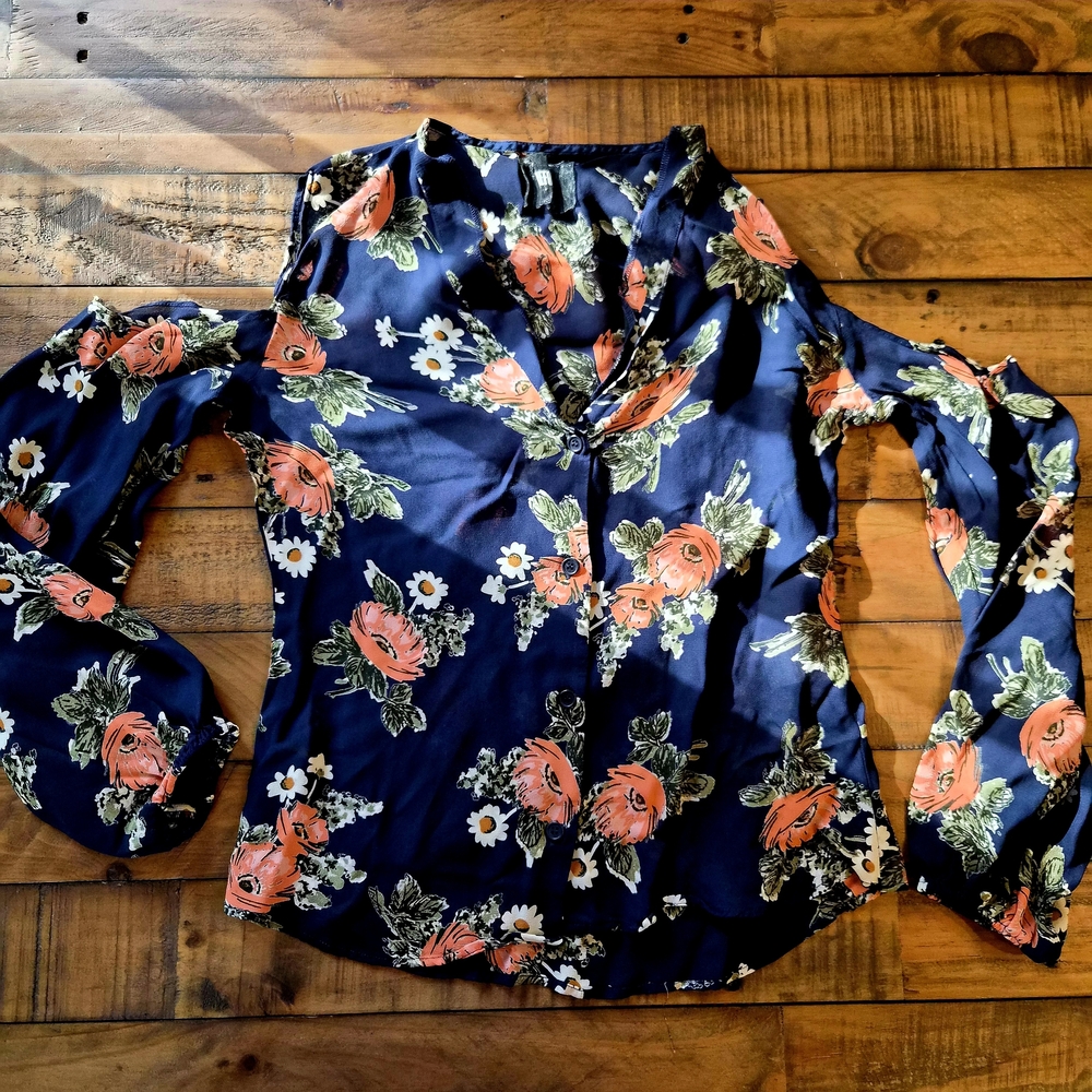 Reformation Navy Floral Blouse with Orange and Green Accents